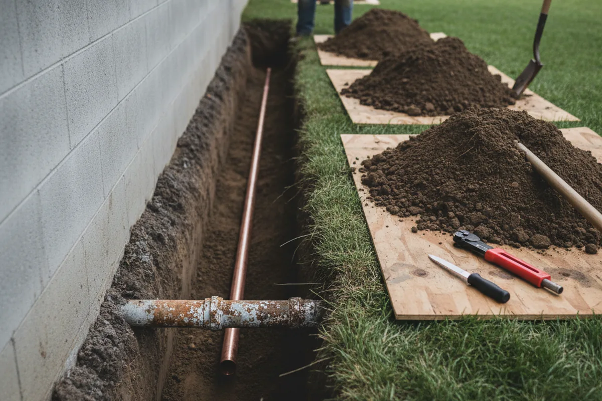 Excavated water line trench during Sewer Line Repair in Duncan Falls
